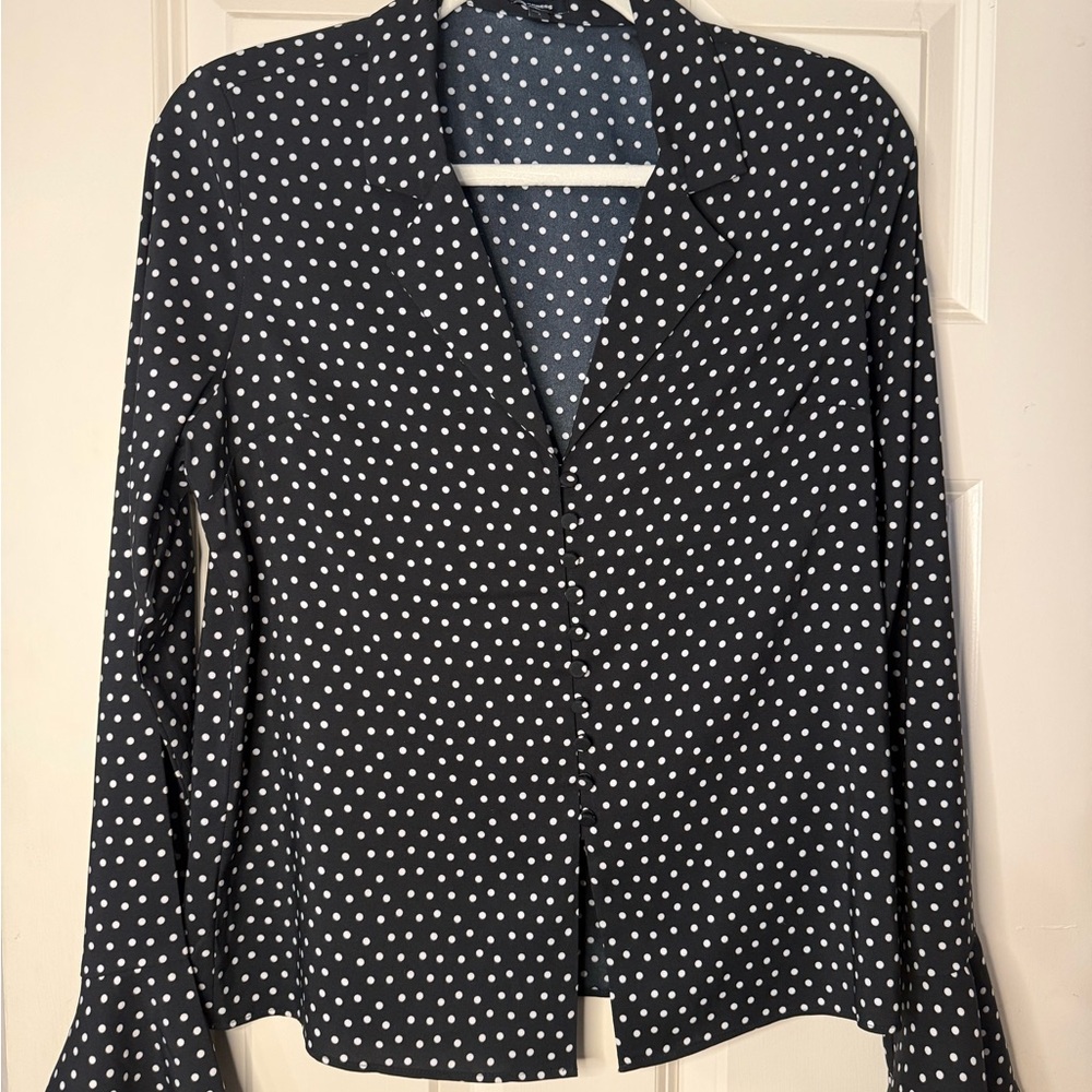 Express Black and White Polka Dot Long-Sleeve Blouse